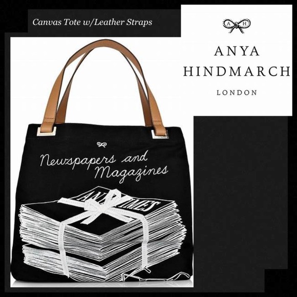 Anya Hindmarch Handbags - ANYA HINDMARCH Black Canvas ‘Newspapers & Magazines’ Tote with Leather Straps